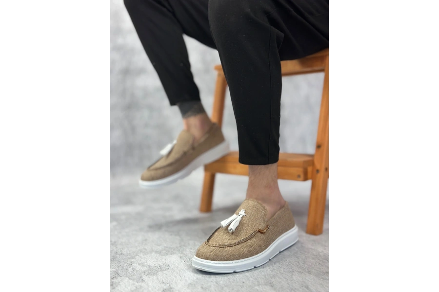 Shoecide Sb0005 Bağcıksız Yüksek Taban Klasik Keten Hardal Püsküllü Erkek Ayakkabı