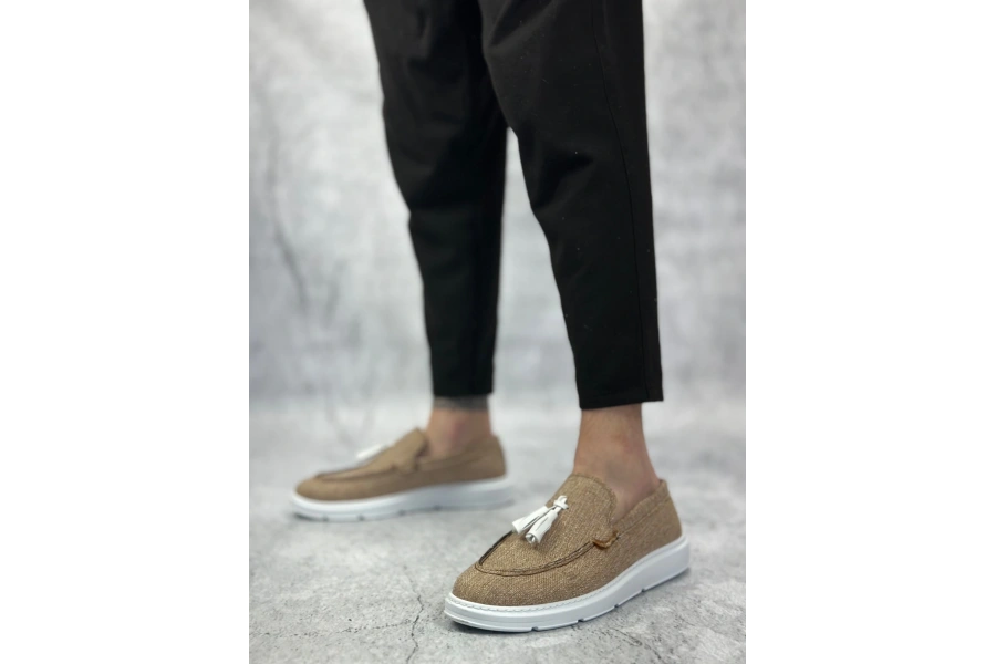 Shoecide Sb0005 Bağcıksız Yüksek Taban Klasik Keten Hardal Püsküllü Erkek Ayakkabı