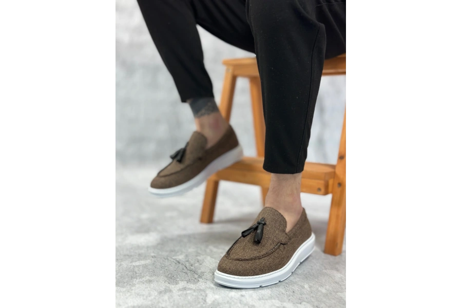 Shoecide Sb0005 Bağcıksız Yüksek Taban Klasik Keten Kahverengi Püsküllü Erkek Ayakkabı