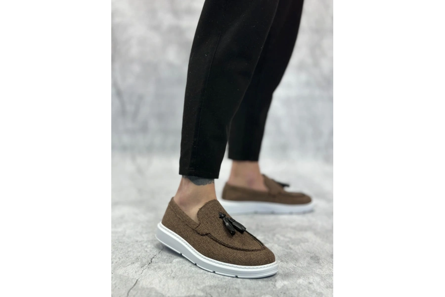 Shoecide Sb0005 Bağcıksız Yüksek Taban Klasik Keten Kahverengi Püsküllü Erkek Ayakkabı