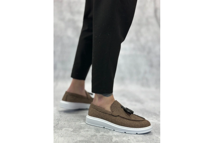 Shoecide Sb0005 Bağcıksız Yüksek Taban Klasik Keten Kahverengi Püsküllü Erkek Ayakkabı