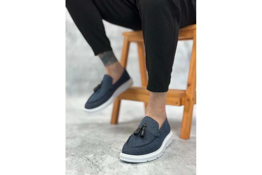 Shoecide Sb0005 Bağcıksız Yüksek Taban Klasik Keten Lacivert Püsküllü Erkek Ayakkabı