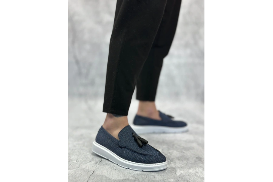 Shoecide Sb0005 Bağcıksız Yüksek Taban Klasik Keten Lacivert Püsküllü Erkek Ayakkabı
