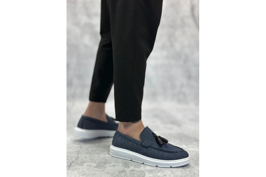 Shoecide Sb0005 Bağcıksız Yüksek Taban Klasik Keten Lacivert Püsküllü Erkek Ayakkabı