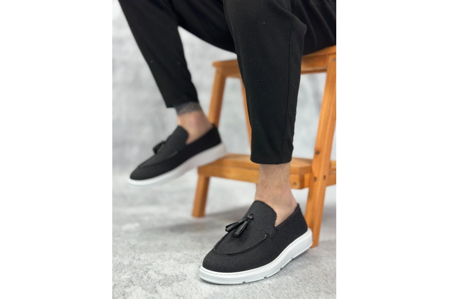 Shoecide Sb0005 Bağcıksız Yüksek Taban Klasik Keten Siyah Püsküllü Erkek Ayakkabı