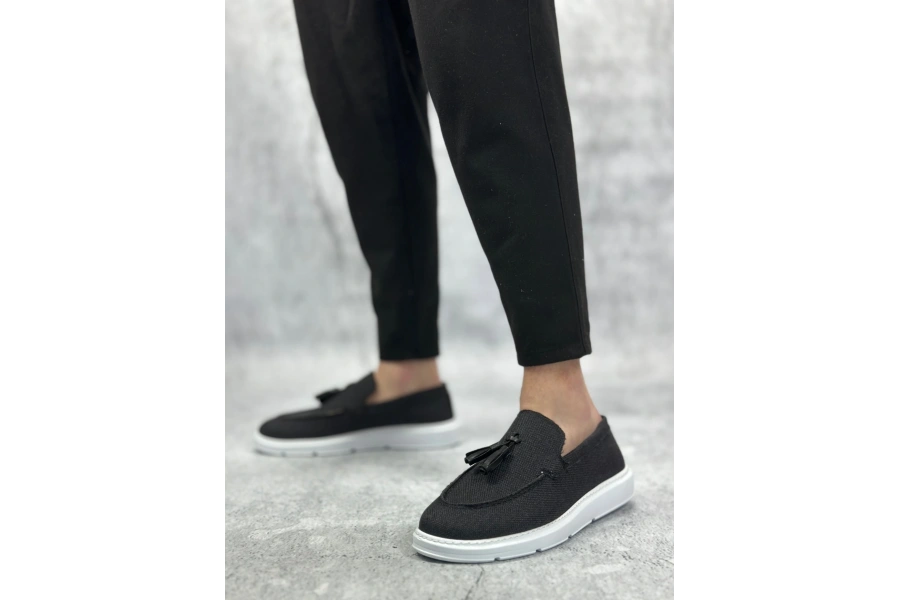 Shoecide Sb0005 Bağcıksız Yüksek Taban Klasik Keten Siyah Püsküllü Erkek Ayakkabı