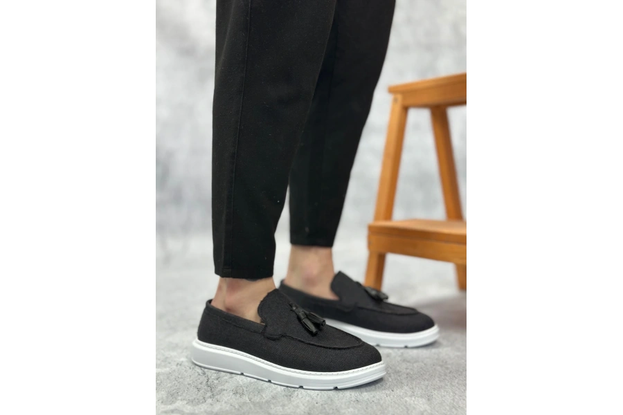 Shoecide Sb0005 Bağcıksız Yüksek Taban Klasik Keten Siyah Püsküllü Erkek Ayakkabı
