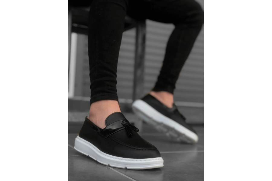 Shoecide Sb0005 Bağcıksız Yüksek Taban Klasik Püsküllü Corcik Erkek Ayakkabı Siyah Beyaz