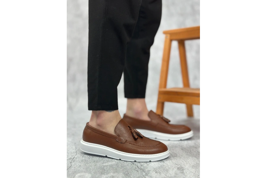 Shoecide Sb0005 Bağcıksız Yüksek Taban Klasik Püsküllü Taba Cilt Corcik Erkek Ayakkabı