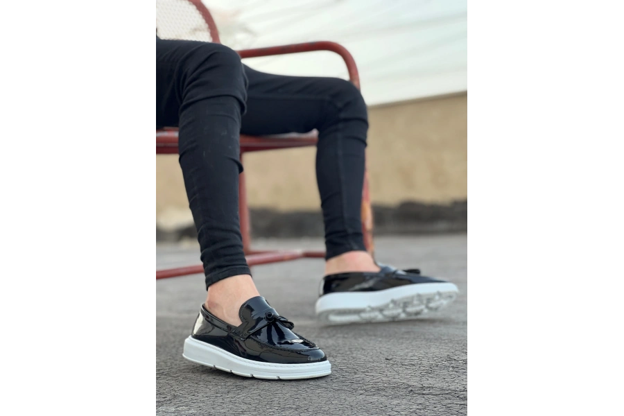 Shoecide Sb0005 Bağcıksız Yüksek Taban Klasik Rugan Kemerli Püsküllü Corcik Erkek Ayakkabı