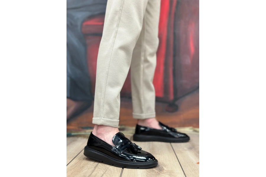 Shoecide Sb0005 Bağcıksız Yüksek Taban Klasik Rugan Kemerli Püsküllü Erkek Ayakkabı