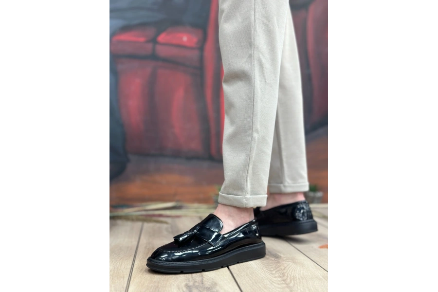 Shoecide Sb0005 Bağcıksız Yüksek Taban Klasik Rugan Kemerli Püsküllü Erkek Ayakkabı