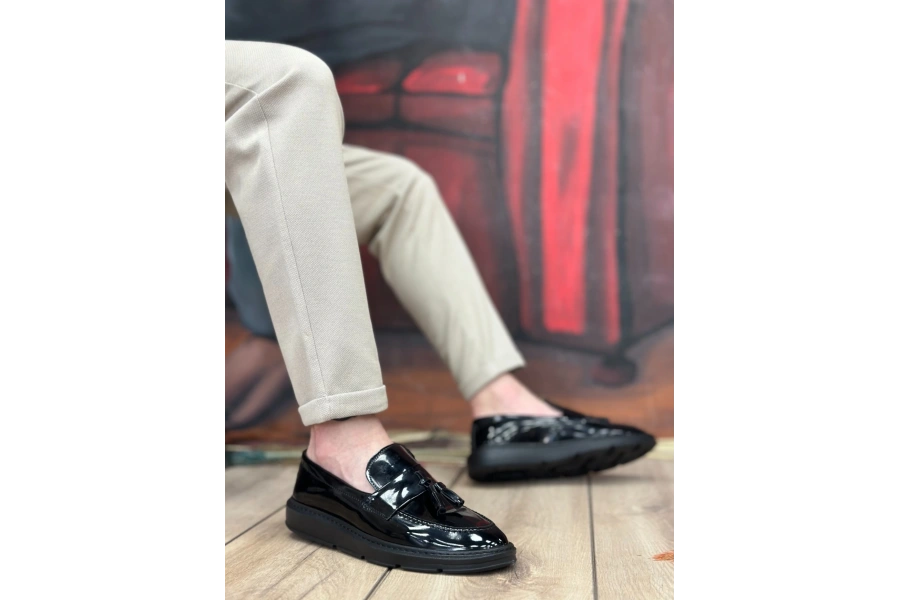 Shoecide Sb0005 Bağcıksız Yüksek Taban Klasik Rugan Kemerli Püsküllü Erkek Ayakkabı