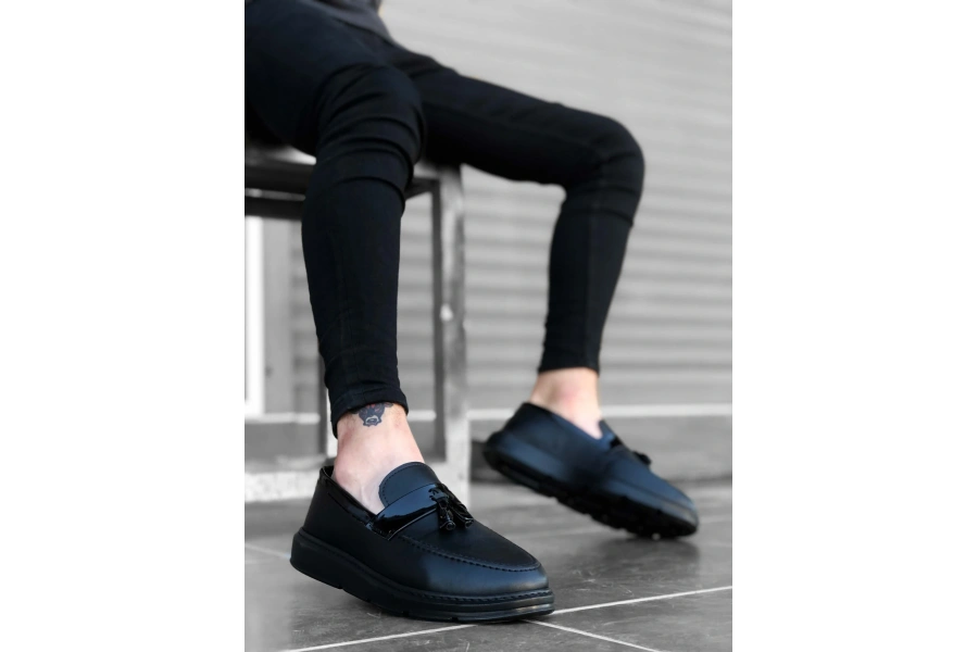 Shoecide Sb0005 Bağcıksız Yüksek Taban Klasik Siyah Parlak Kuşaklı Püsküllü Erkek Ayakkabı