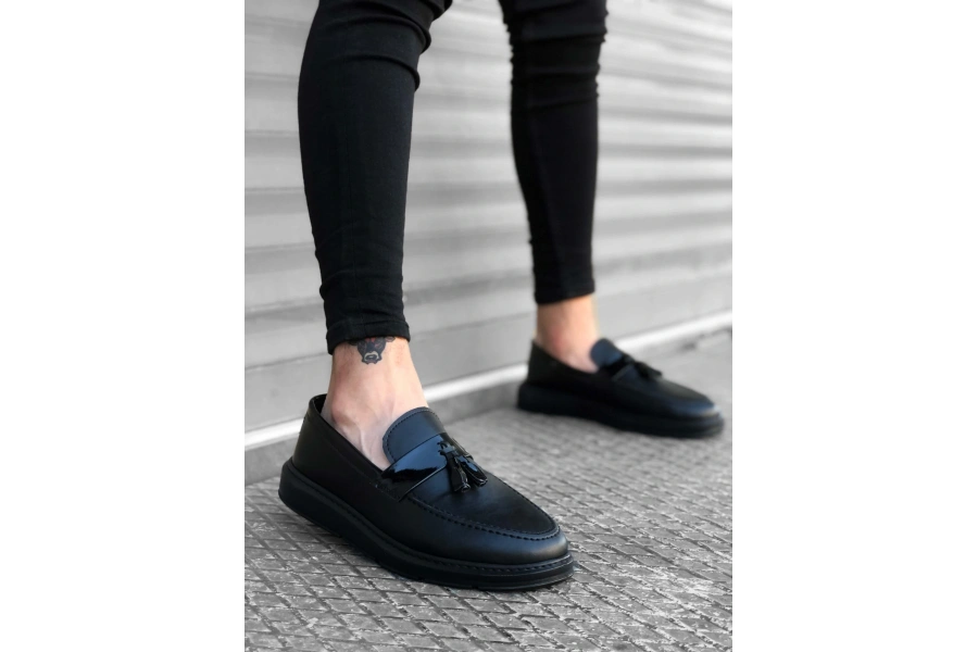 Shoecide Sb0005 Bağcıksız Yüksek Taban Klasik Siyah Parlak Kuşaklı Püsküllü Erkek Ayakkabı