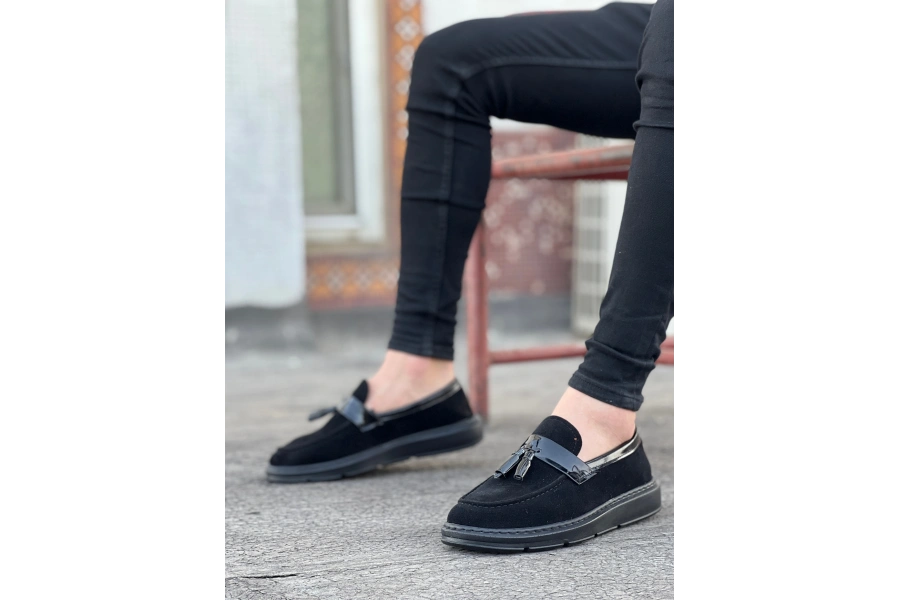 Shoecide Sb0005 Bağcıksız Yüksek Taban Klasik Siyah Süet Parlak Kuşaklı Püsküllü Erkek Ayakkabı
