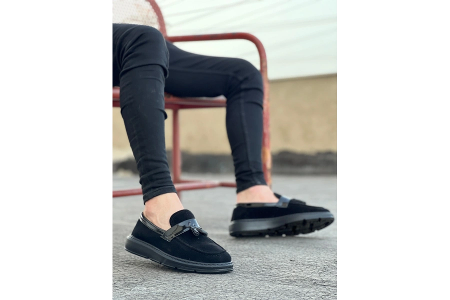 Shoecide Sb0005 Bağcıksız Yüksek Taban Klasik Siyah Süet Parlak Kuşaklı Püsküllü Erkek Ayakkabı