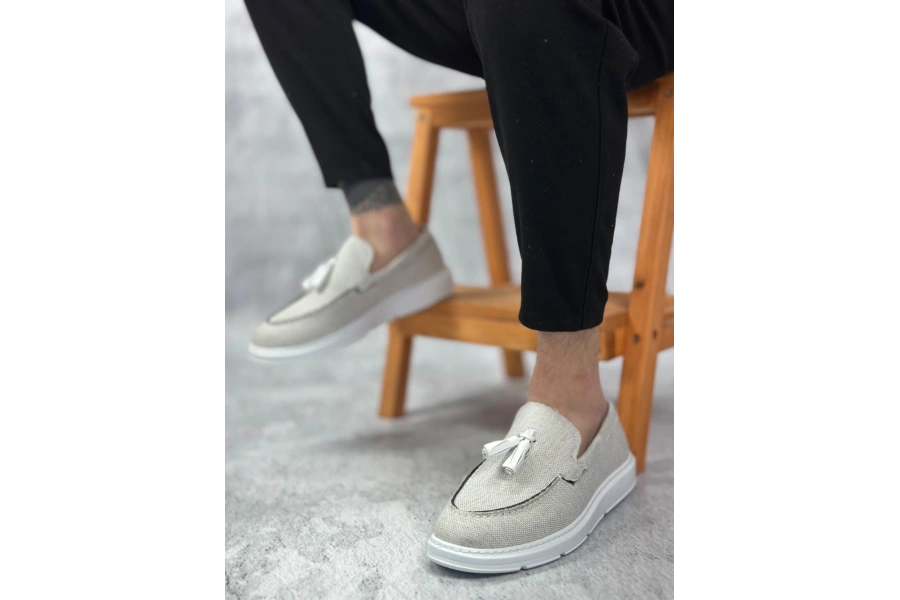 Shoecide Sb0005 Bağcıksız Yüksek Taban Klasik Yeni Keten Gri Püsküllü Erkek Ayakkabı