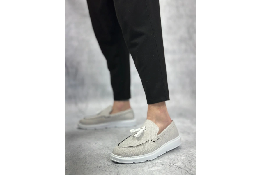 Shoecide Sb0005 Bağcıksız Yüksek Taban Klasik Yeni Keten Gri Püsküllü Erkek Ayakkabı