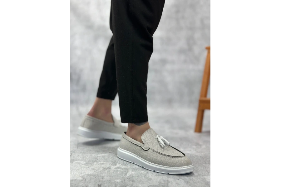 Shoecide Sb0005 Bağcıksız Yüksek Taban Klasik Yeni Keten Gri Püsküllü Erkek Ayakkabı