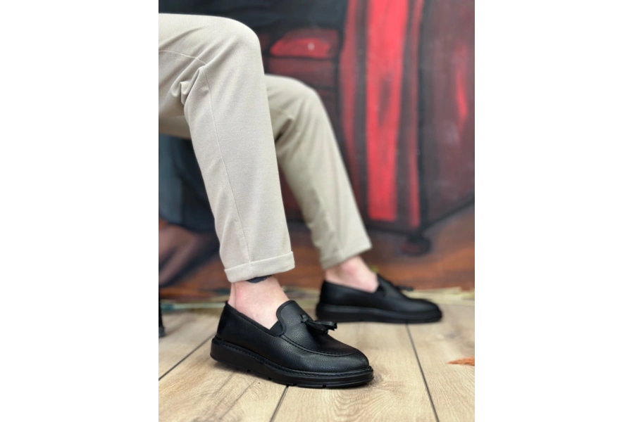 Shoecide Sb0005 Bağcıksız Yüksek Taban Mat Siyah Klasik Püsküllü Corcik Erkek Ayakkabı