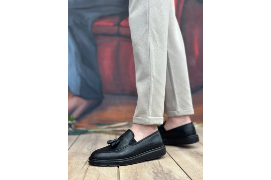 Shoecide Sb0005 Bağcıksız Yüksek Taban Mat Siyah Klasik Püsküllü Corcik Erkek Ayakkabı