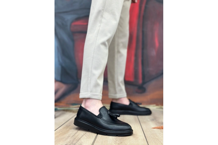 Shoecide Sb0005 Bağcıksız Yüksek Taban Mat Siyah Klasik Püsküllü Corcik Erkek Ayakkabı