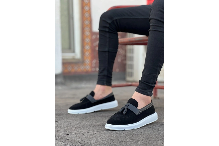 Shoecide Sb0005 Bağcıksız Yüksek Taban Siyah Beyaz Taban Cilt Kemerli Klasik Püsküllü Corcik Erkek Ayakkabı