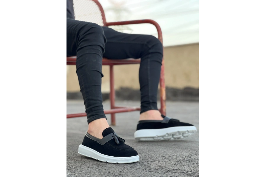 Shoecide Sb0005 Bağcıksız Yüksek Taban Siyah Beyaz Taban Cilt Kemerli Klasik Püsküllü Corcik Erkek Ayakkabı