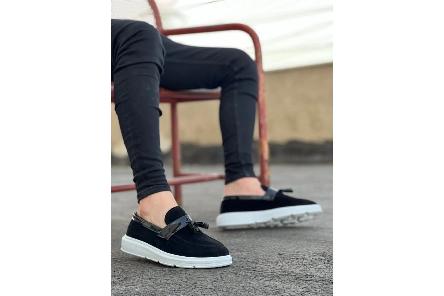Shoecide Sb0005 Bağcıksız Yüksek Taban Siyah Beyaz Taban Kemerli Klasik Püsküllü Corcik Erkek Ayakkabı
