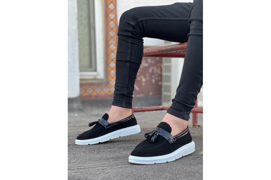 Shoecide Sb0005 Bağcıksız Yüksek Taban Siyah Beyaz Taban Kemerli Klasik Püsküllü Corcik Erkek Ayakkabı
