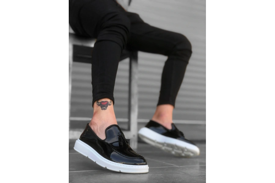 Shoecide Sb0005 Bağcıksız Yüksek Taban Siyah Beyaz Taban Rugan Klasik Püsküllü Corcik Erkek Ayakkabı