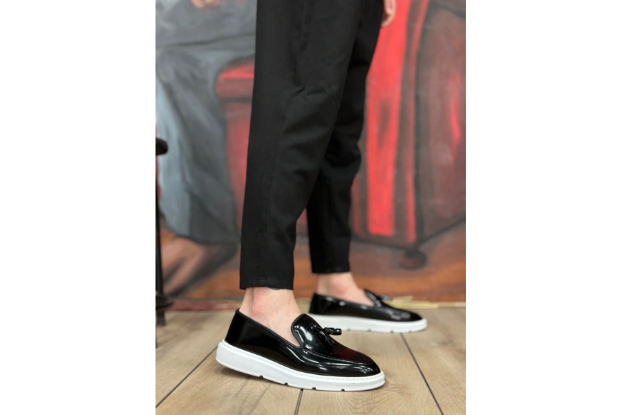 Shoecide Sb0005 Bağcıksız Yüksek Taban Siyah Beyaz Taban Rugan Klasik Püsküllü Corcik Erkek Ayakkabı