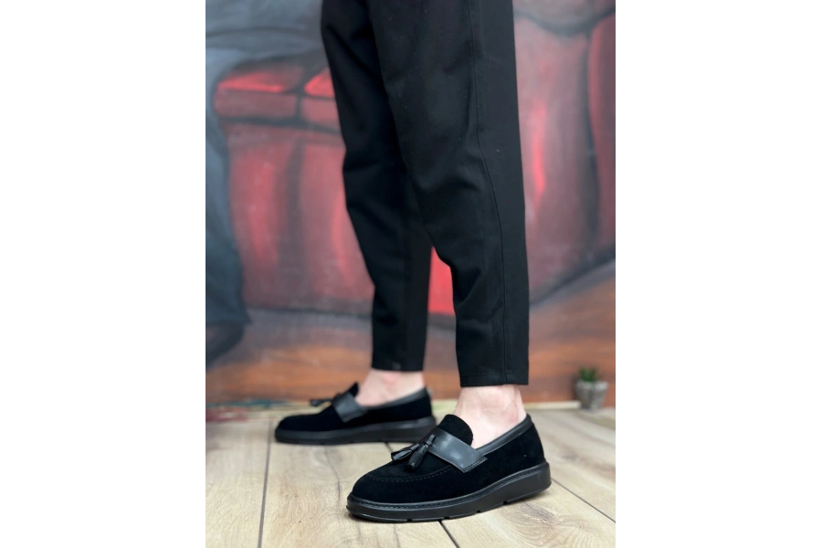 Shoecide Sb0005 Bağcıksız Yüksek Taban Siyah Kemerli Klasik Püsküllü Corcik Erkek Ayakkabı