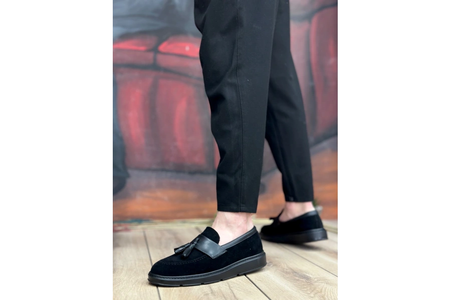 Shoecide Sb0005 Bağcıksız Yüksek Taban Siyah Kemerli Klasik Püsküllü Corcik Erkek Ayakkabı