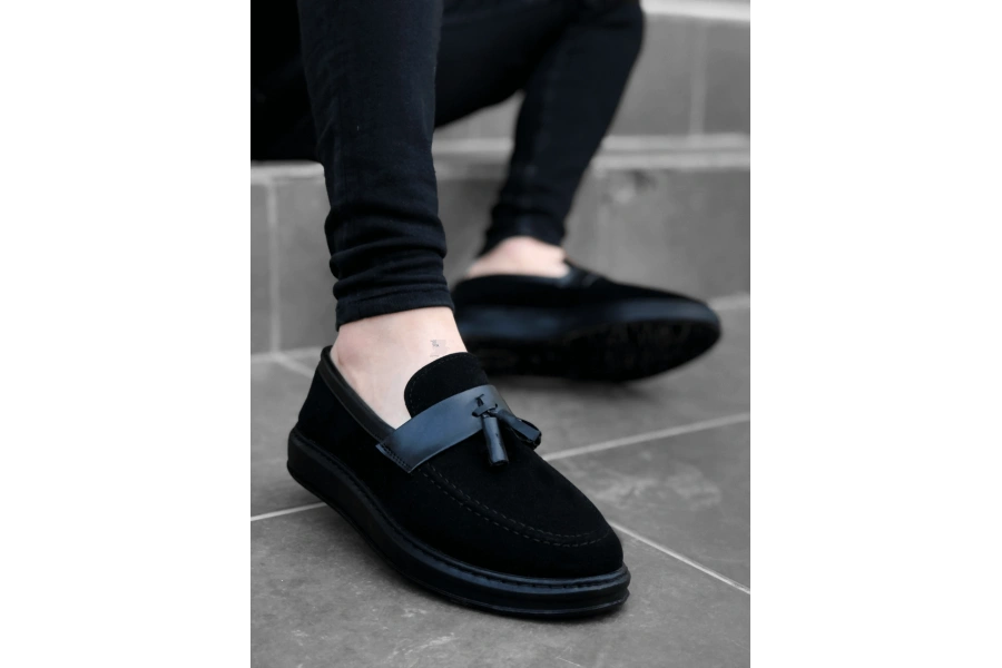 Shoecide Sb0005 Bağcıksız Yüksek Taban Siyah Kemerli Klasik Püsküllü Corcik Erkek Ayakkabı