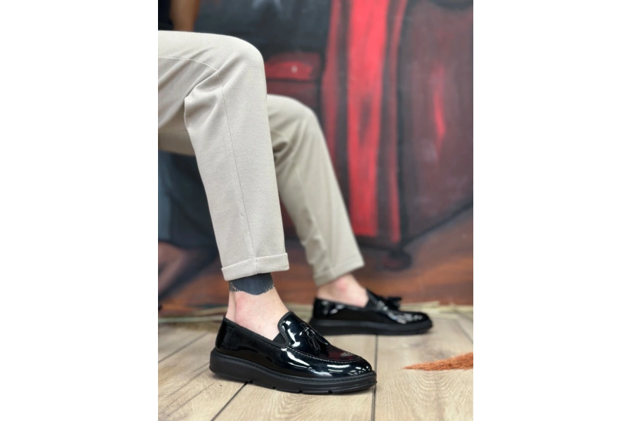 Shoecide Sb0005 Bağcıksız Yüksek Taban Siyah Rugan Klasik Püsküllü Corcik Erkek Ayakkabısı