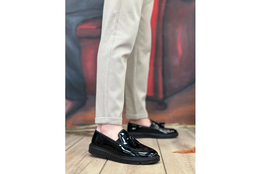 Shoecide Sb0005 Bağcıksız Yüksek Taban Siyah Rugan Klasik Püsküllü Corcik Erkek Ayakkabısı
