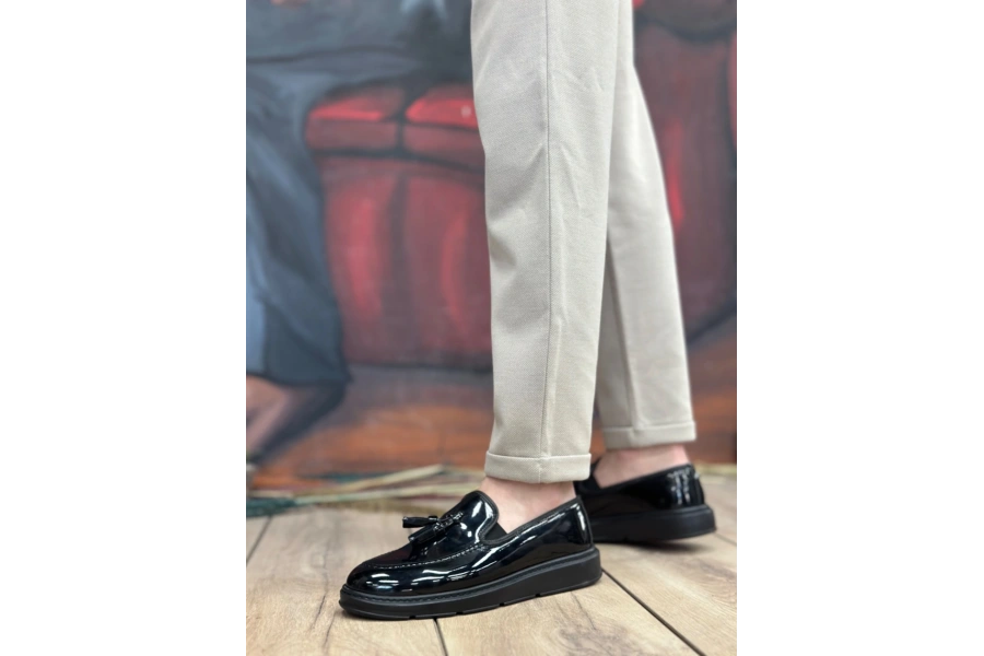 Shoecide Sb0005 Bağcıksız Yüksek Taban Siyah Rugan Klasik Püsküllü Corcik Erkek Ayakkabısı