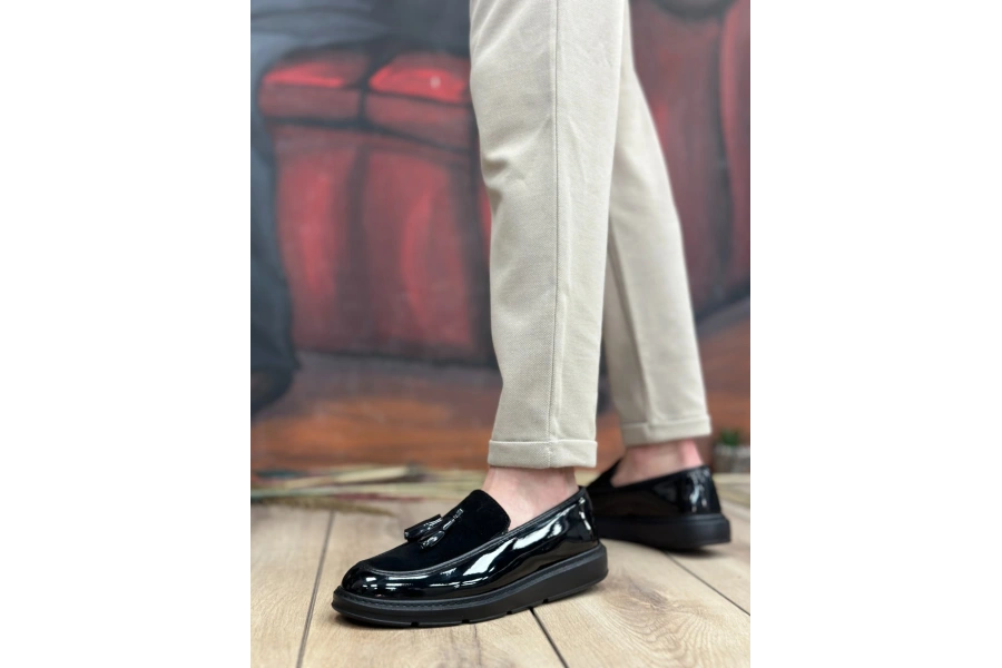 Shoecide Sb0005 Bağcıksız Yüksek Taban Siyah Taban Klasik Süet Detaylı Püsküllü Corcik Erkek Ayakkabı