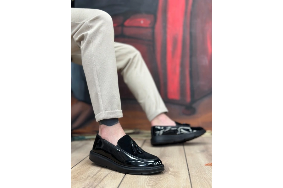 Shoecide Sb0005 Bağcıksız Yüksek Taban Siyah Taban Klasik Süet Detaylı Püsküllü Corcik Erkek Ayakkabı