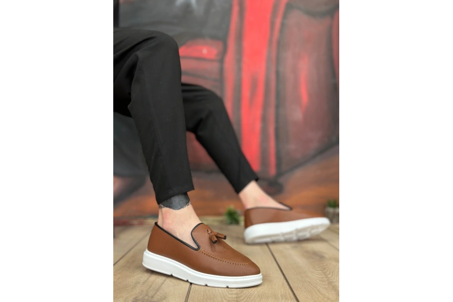 Shoecide Sb0005 Bağcıksız Yüksek Taban Taba Beyaz Klasik Püsküllü Corcik Erkek Ayakkabı