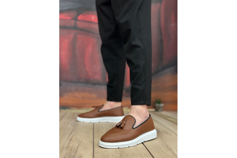 Shoecide Sb0005 Bağcıksız Yüksek Taban Taba Beyaz Klasik Püsküllü Corcik Erkek Ayakkabı