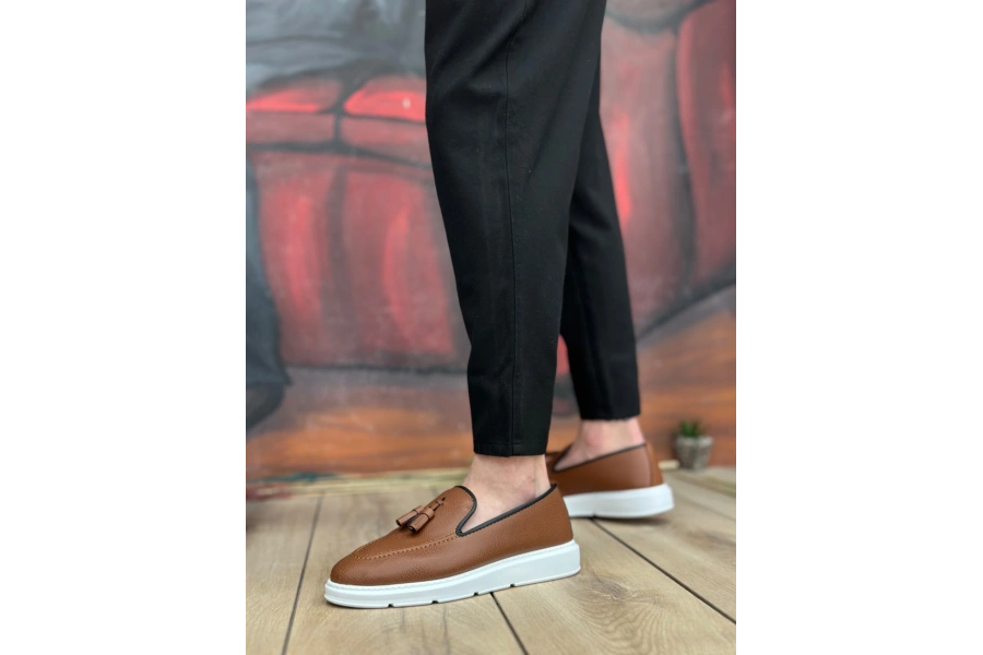 Shoecide Sb0005 Bağcıksız Yüksek Taban Taba Beyaz Klasik Püsküllü Corcik Erkek Ayakkabı