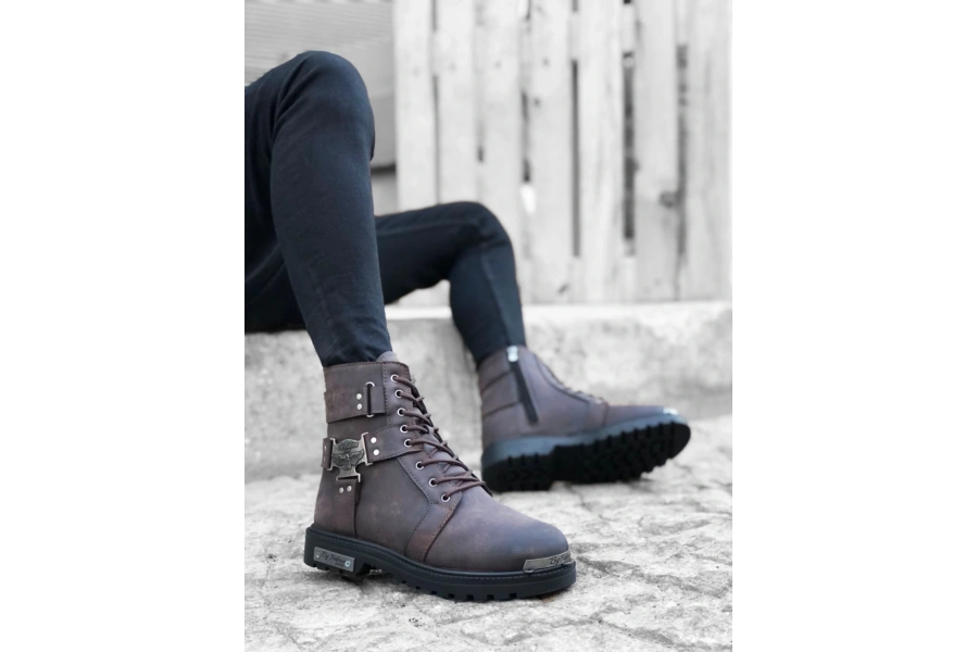 Shoecide Sb0080 Gladyatör Fermuarlı Tokalı Kahverengi Erkek Klasik Spor Klasik Yarım Bilek Bot