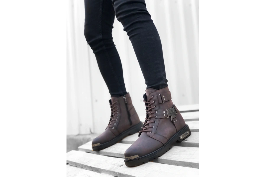 Shoecide Sb0080 Gladyatör Fermuarlı Tokalı Kahverengi Erkek Klasik Spor Klasik Yarım Bilek Bot