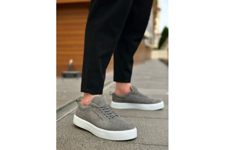 Shoecide Sb0104 Bağcıklı Gri Süet Beyaz Taban Spor Klasik Erkek Ayakkabı