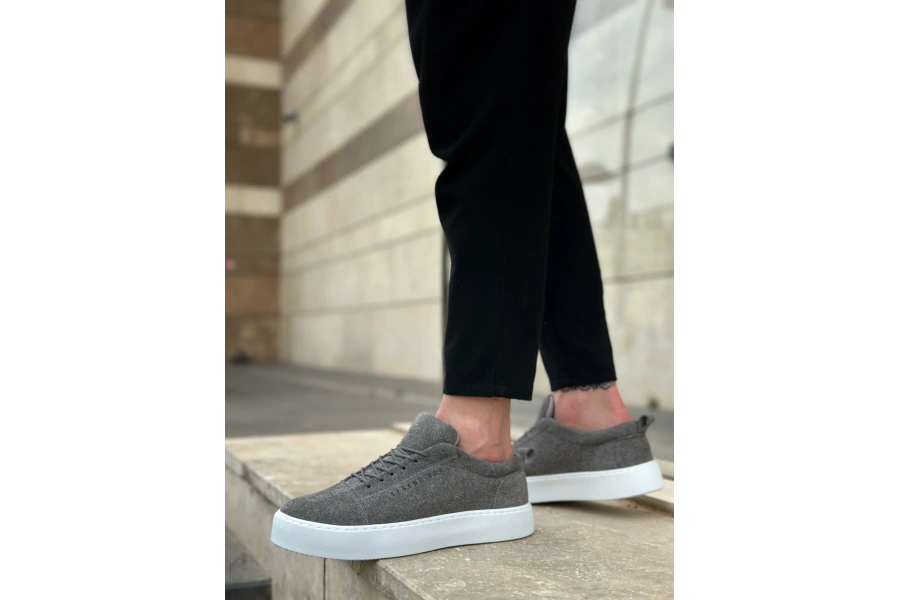 Shoecide Sb0104 Bağcıklı Gri Süet Beyaz Taban Spor Klasik Erkek Ayakkabı