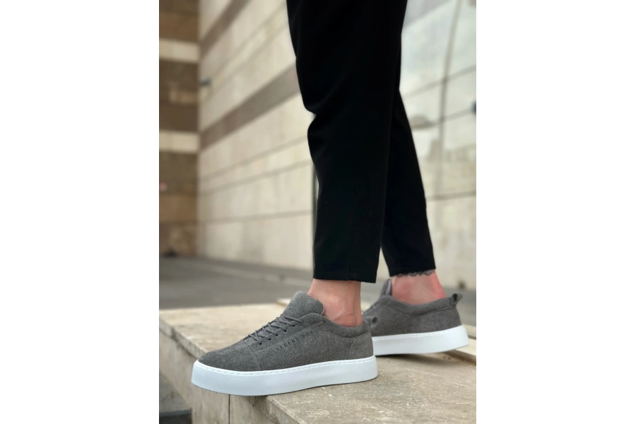 Shoecide Sb0104 Bağcıklı Gri Süet Beyaz Taban Spor Klasik Erkek Ayakkabı