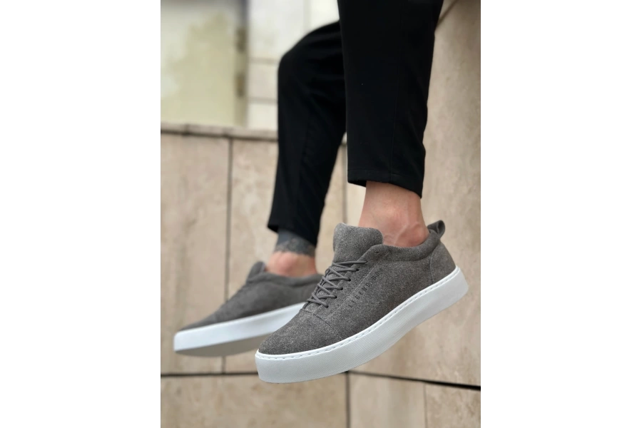 Shoecide Sb0104 Bağcıklı Gri Süet Beyaz Taban Spor Klasik Erkek Ayakkabı